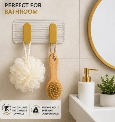2 in 1 Self Adhesive Kitchen Wall Hooks (Golden colour)